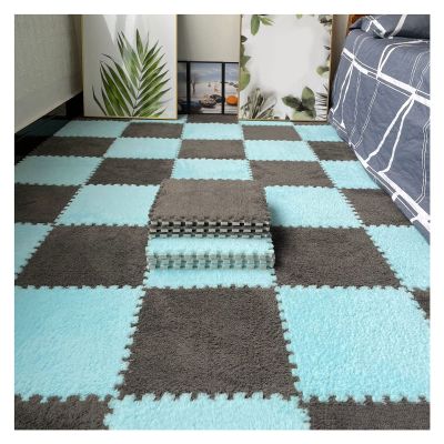 16Pcs Interlocking Foam Mats,Fluffy Carpet Tiles,Plush Area Rug,Square Splicing Floor Tiles,Soft Playmat Puzzle Floor Mat for Play Room,Grey+Light Blue