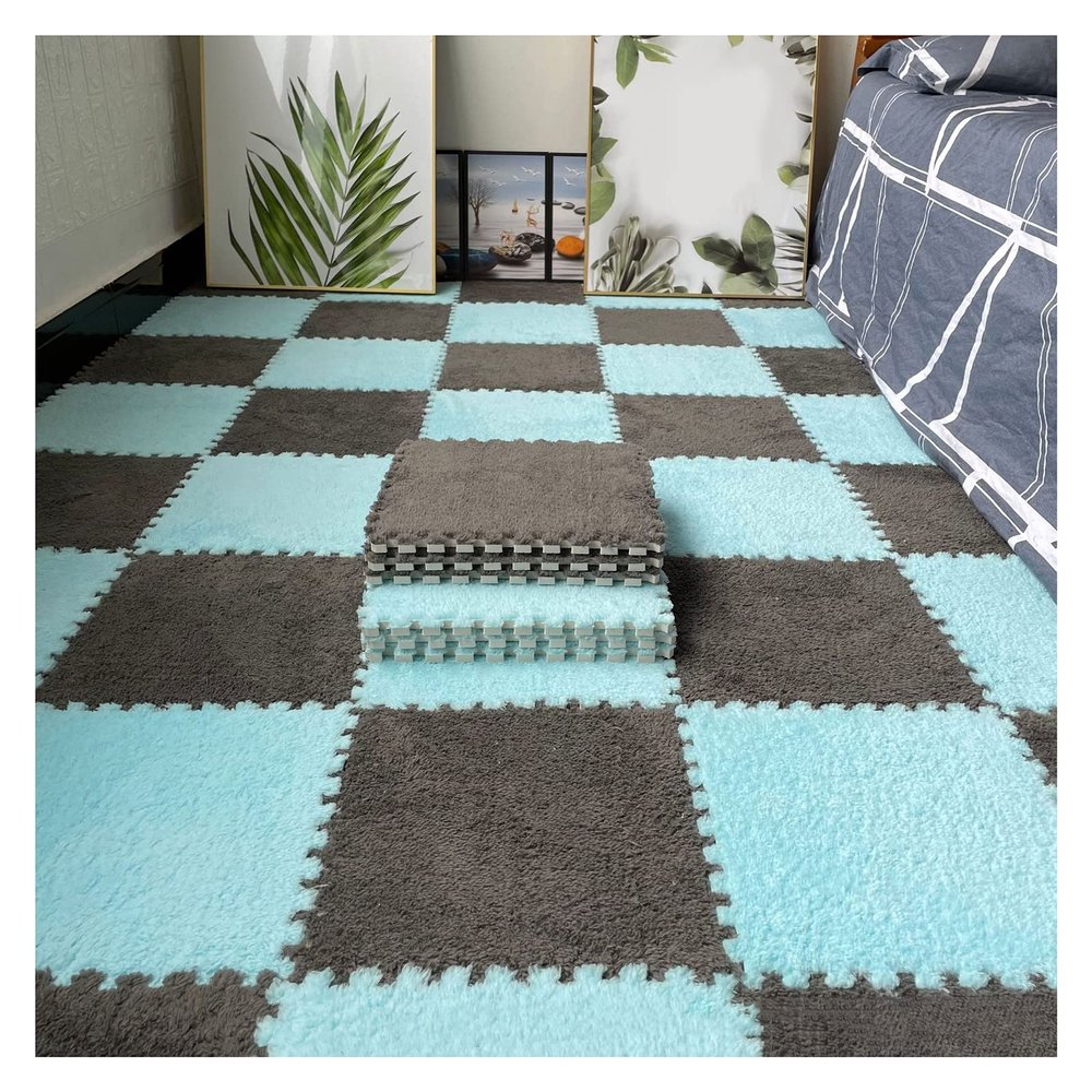 16Pcs Interlocking Foam Mats,Fluffy Carpet Tiles,Plush Area Rug,Square Splicing Floor Tiles,Soft Playmat Puzzle Floor Mat for Play Room,Grey+Light Blue