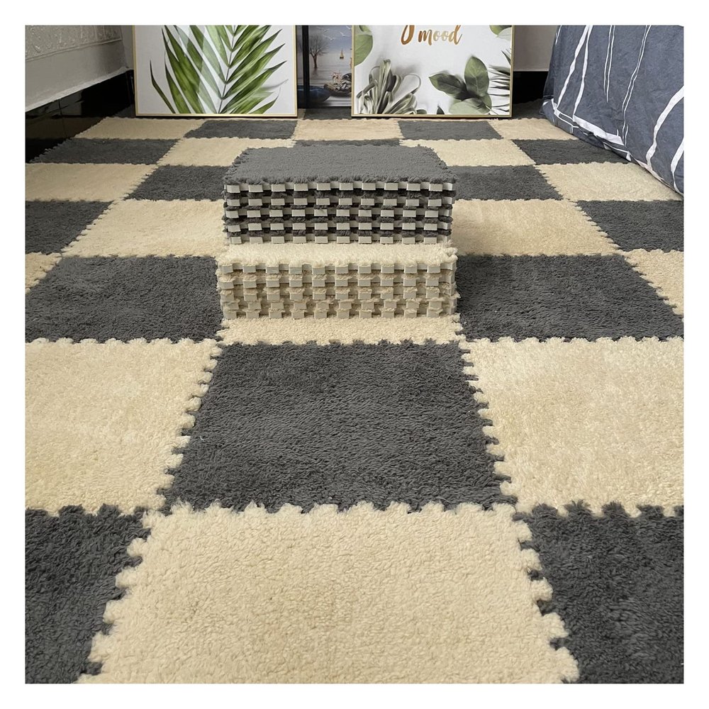 16Pcs Interlocking Foam Mats,Fluffy Carpet Tiles,Plush Area Rug,Square Splicing Floor Tiles,Soft Playmat Puzzle Floor Mat for Play Room,Grey+Apricot