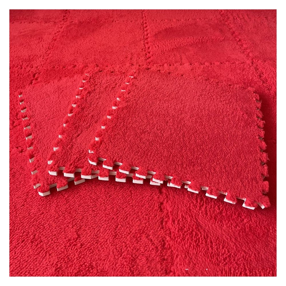 16Pcs Interlocking Foam Mats,Fluffy Carpet Tiles,Plush Area Rug,Square Splicing Floor Tiles,Soft Playmat Puzzle Floor Mat for Play Room,Red