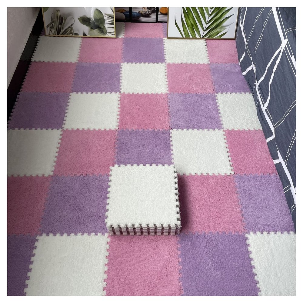 16Pcs Interlocking Foam Mats,Fluffy Carpet Tiles,Plush Area Rug,Square Splicing Floor Tiles,Soft Playmat Puzzle Floor Mat for Play Room,Pink+Purple+White