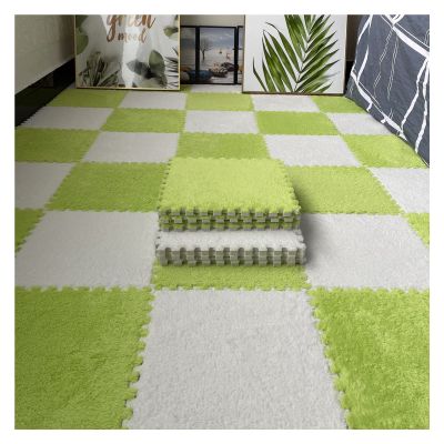 16Pcs Interlocking Foam Mats,Fluffy Carpet Tiles,Plush Area Rug,Square Splicing Floor Tiles,Soft Playmat Puzzle Floor Mat for Play Room,Green+White