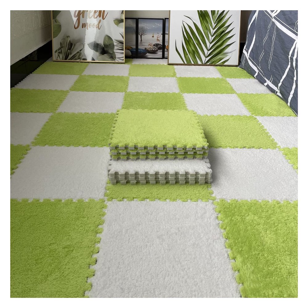 16Pcs Interlocking Foam Mats,Fluffy Carpet Tiles,Plush Area Rug,Square Splicing Floor Tiles,Soft Playmat Puzzle Floor Mat for Play Room,Green+White