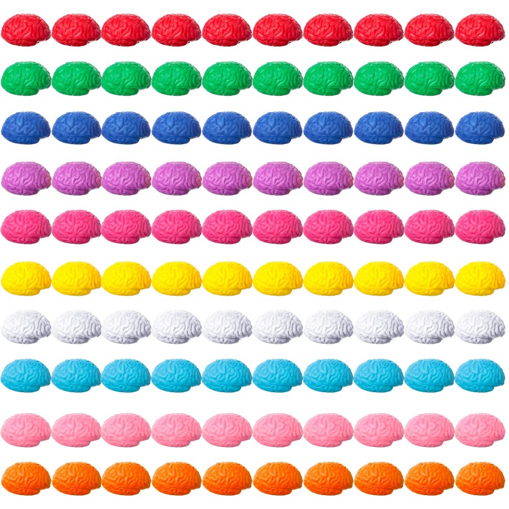 Skylety 100 Pcs Brain Stress Balls Bulk Halloween Funny Toy PU Hand Muscle Exercise Pressure Ball Brain Shaped Toy for Adults Object Recognition Halloween Decoration Prop(10 Colors,Mini)