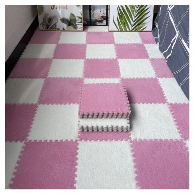 16Pcs Interlocking Foam Mats,Fluffy Carpet Tiles,Plush Area Rug,Square Splicing Floor Tiles,Soft Playmat Puzzle Floor Mat for Play Room,Pink+White
