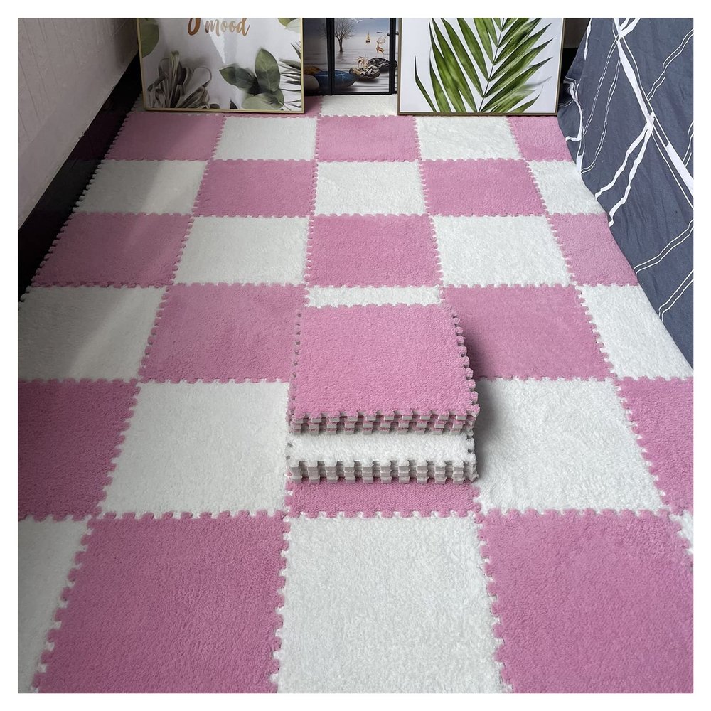 16Pcs Interlocking Foam Mats,Fluffy Carpet Tiles,Plush Area Rug,Square Splicing Floor Tiles,Soft Playmat Puzzle Floor Mat for Play Room,Pink+White