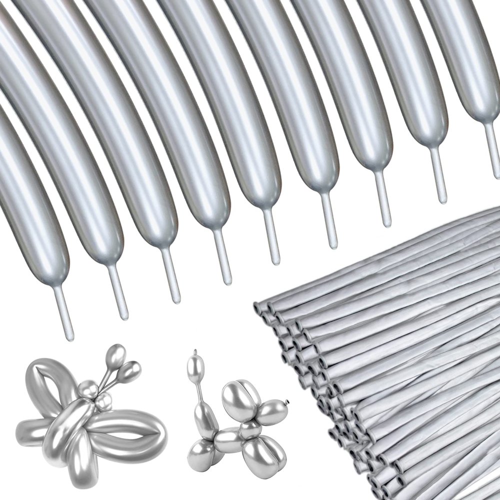 Silver Metallic 260 long Balloons 100 Pack Modeling Long Magic Balloons Shiny Latex DIY Animal Balloon for Birthday Wedding New Year Festival Party Decoration (Silver Twisting Balloons)