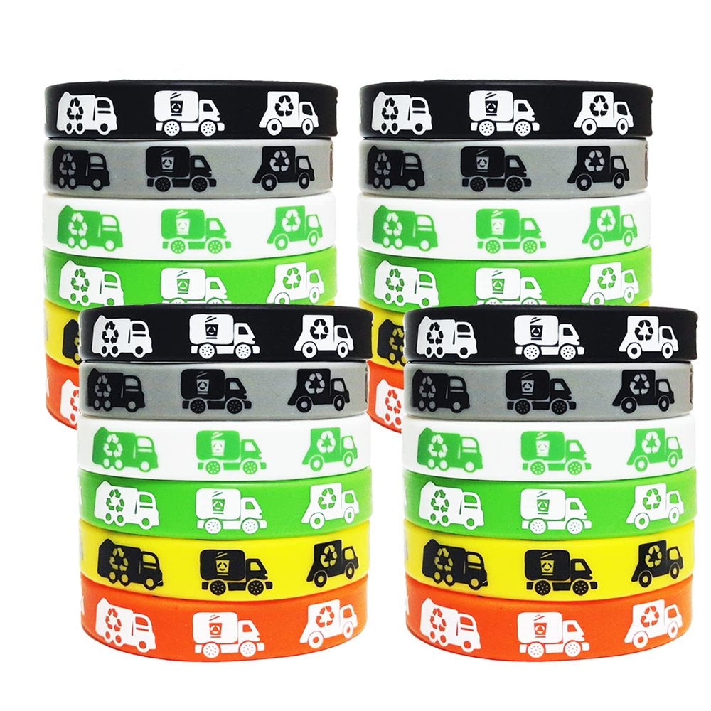 ATSMOICY 24 Garbage Truck Themed Party Silicone Wristband Bracelets Rubbish truck Themed Baby Shower Birthday Waste Management Recycling Party Supplies Decorations Favors Rubber Bracelet