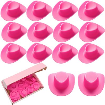 24 Pieces CiviLight Plastic Mini Western Cowboy Cowgirl Hat Plastic Cute Doll Hats Decoration Accessories Pink Cute Miniature Cowboy Hat for Party Decor Supplies