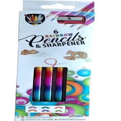 6 Colouring Pencils, 6 x Assorted Rainbow Colours, Rainbow Pencils, with Shar