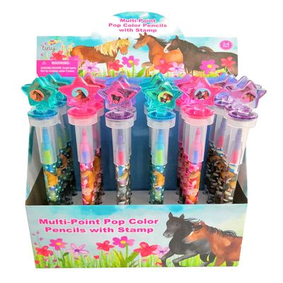 TINYMILLS 24 Pcs Horse Pony 2 in 1 Stackable Stacking Crayon with Extra Stamper Topper, Kids Party Favors, Goodie Bag Stuffers, Classroom Rewards, Prizes