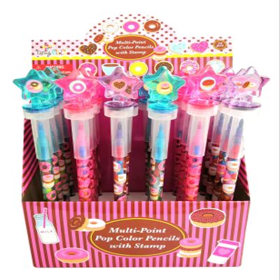 TINYMILLS 24 Pcs Donuts 2 in 1 Stackable Stacking Crayon with Extra Stamper Topper, Kids Party Favors, Goodie Bag Stuffers, Classroom Rewards, Prizes