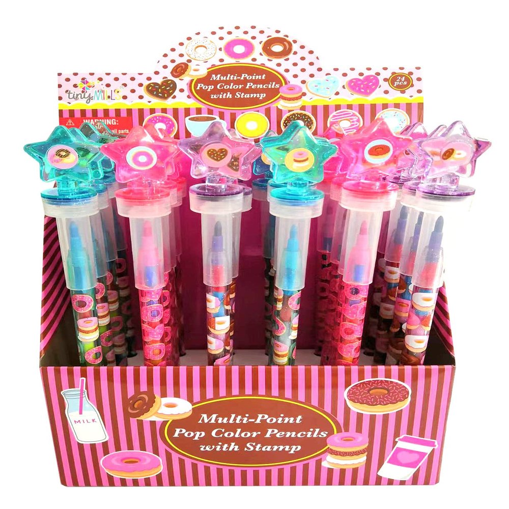 TINYMILLS 24 Pcs Donuts 2 in 1 Stackable Stacking Crayon with Extra Stamper Topper, Kids Party Favors, Goodie Bag Stuffers, Classroom Rewards, Prizes
