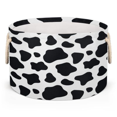 Pardick Large Round Storage Basket Black ans White Cow Skin Collapsible Circle Storage Bin Laundry Hamper With Handle for Kids Toy Blanket Dirty Clothes Towel Living Room Nursery Storage Organizer