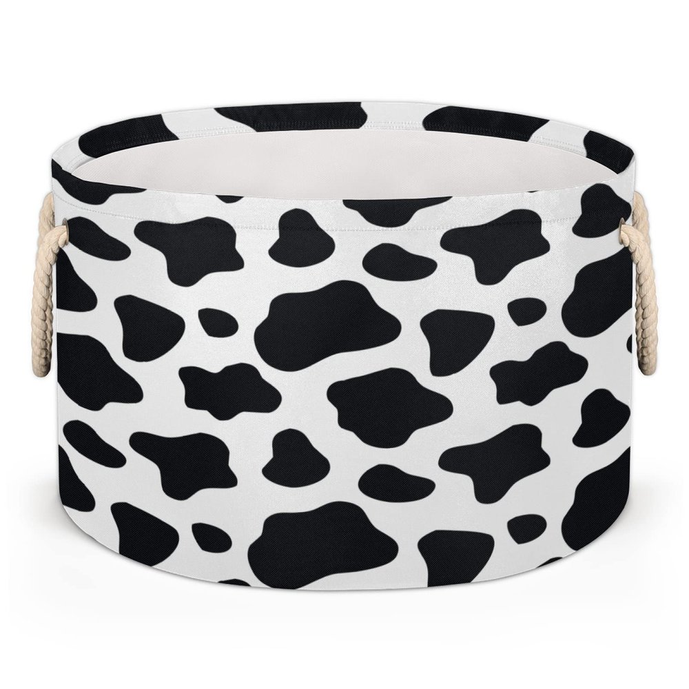 Pardick Large Round Storage Basket Black ans White Cow Skin Collapsible Circle Storage Bin Laundry Hamper With Handle for Kids Toy Blanket Dirty Clothes Towel Living Room Nursery Storage Organizer