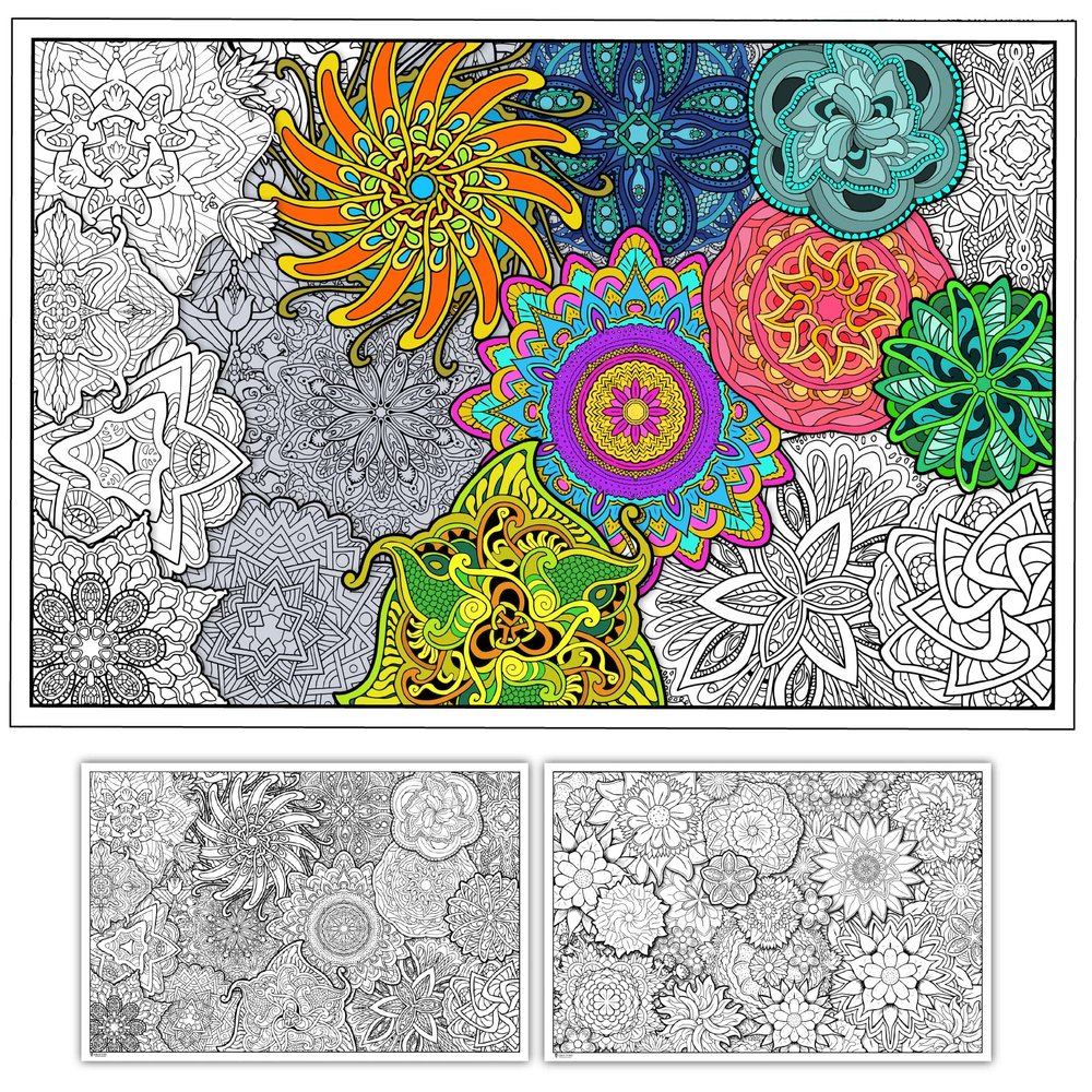 Young N Refined 2 Pack of Giant Coloring Posters of Flowers and Mandala collages Folded Version (42x60)