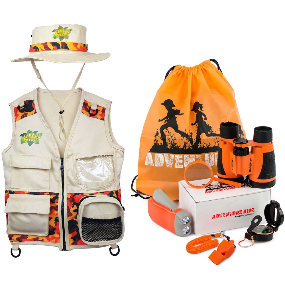 Adventure Kidz Outdoor Explorer Kit - Orange Adventure Kit and Vest and Hat Bundle, 9 Items