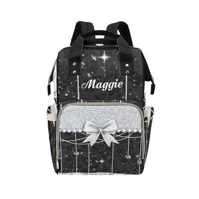 NZOOHY Glitter Print Silver Black Bow Personalized Name Diaper Bag Tote, Custom Waterproof Nursing Baby Bag Mummy Backpack for Mom Travel Outdoor