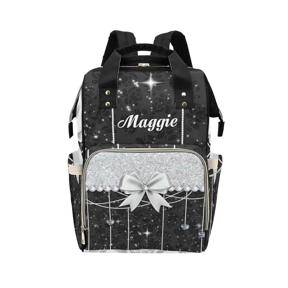 NZOOHY Glitter Print Silver Black Bow Personalized Name Diaper Bag Tote, Custom Waterproof Nursing Baby Bag Mummy Backpack for Mom Travel Outdoor