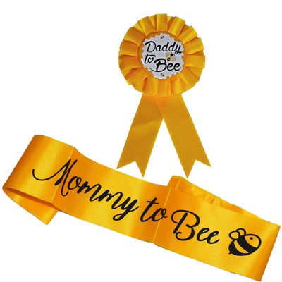 2 Packs Baby Shower Decorations Yellow Mommy to Bee Sash and Daddy to Bee Pin Tinplate Badge for Baby Welcome Party