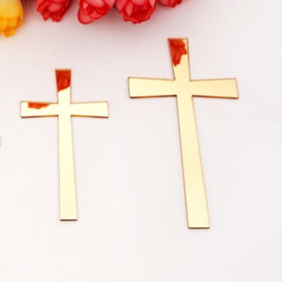 16pcs of Acrylic Mirrored Baptism Cake Toppers,Acrylic Mirror Cross Sticker for Baptism Wedding Party Favors Home Decor (3.5'', Gold Mirror)