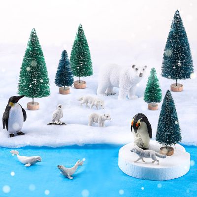 19 Pcs Arctic Animals Figurines Set Polar Animal Figurine Polar Bear Penguin Figurines Winter Animal Toy Figures Pine Trees Artic Diorama Supplies for School Project Sensory Bin Filler DIY Craft Gifts