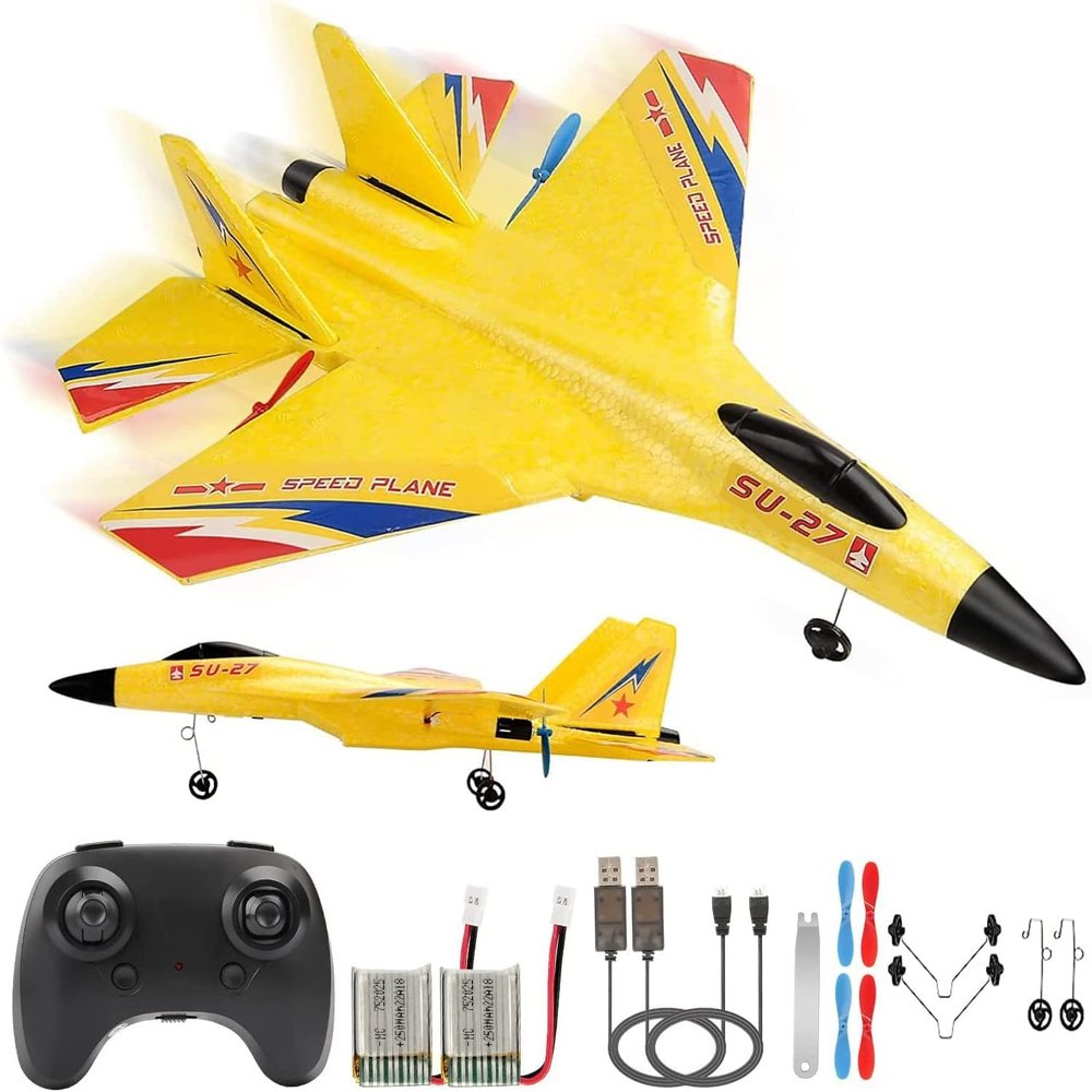 RoofWorld SU27 RC Fighter Plane Beginner Friendly RC Airplane 6-Axis Auto-Stabilizer Remote Control Glider Aircraft Ready to Fly Crash Resistant 2 Batteries