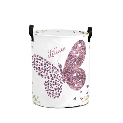 Personalized Laundry Basket, Butterfly Heart Purple Floral Custom Storage Bins Laundry Hamper with Name Collapsible Toys Organizer