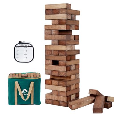 ApudArmis Giant Tumble Tower (Stack from 2Ft to Over 4.2Ft), 54 PCS Pine Wooden Stacking Timber Game with 1 Dice Set - Classic Block Giant Outdoor Game for Teens Adults Family(Brown)