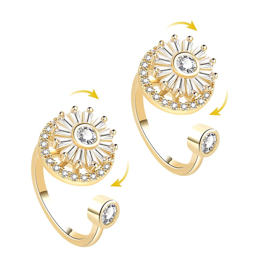 Aphro Gold Crystal Anxiety Relief Spinning Ring - Adjustable Decompression Anti-Stress Anxiety Ring Spinner, Stress Relieving Ring Jewelry Gift for Women (2pcs)