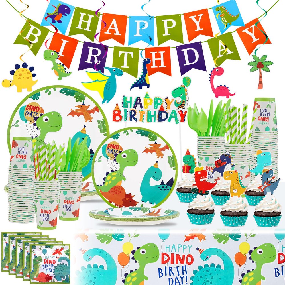 Tessco 193 Pcs Dinosaur Birthday Party Supplies Includes Plates Cups Napkins Banner Knives Fork Spoon Tablecloth Cupcake Toppers Straw Swirls for Boys Dino Birthday Party Decoration, Serves 20 Guests