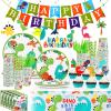 Tessco 193 Pcs Dinosaur Birthday Party Supplies Includes Plates Cups Napkins Banner Knives Fork Spoon Tablecloth Cupcake Toppers Straw Swirls for Boys Dino Birthday Party Decoration, Serves 20 Guests view 1