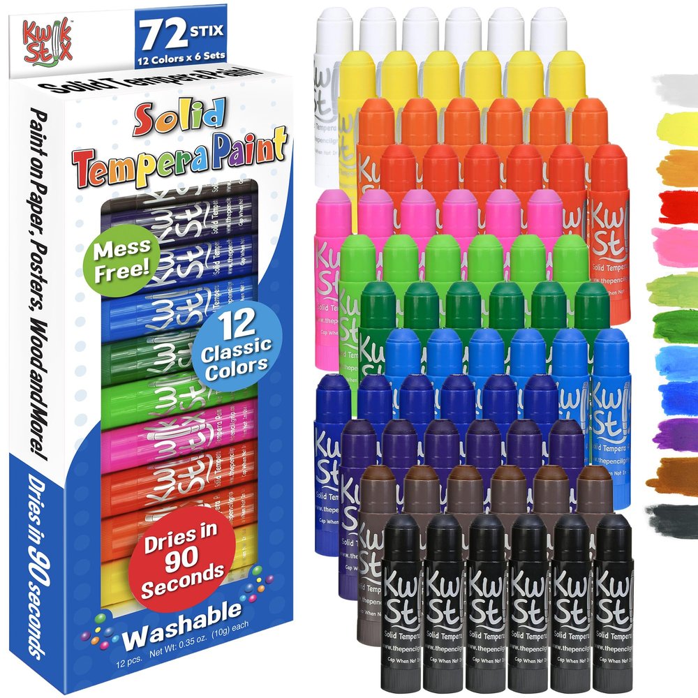 Kwik Stix Solid Tempera Paint Sticks - 6-Set of 12-Pack (72 Total) - Washable, Quick-Dry (90 Sec), Non-Toxic, Allergen-Free, ASTM Certified Art Supplies, Mess-Free Twist & Paint for Kids & Classrooms