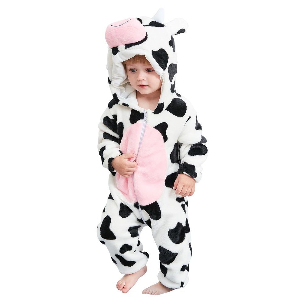 AGQT Infant Babys Christmas Cows Clothing Halloween Animal Winter Autumn Flannel Hooded Clothes One Piece Romper Jumpsuit Size 0-6 Months