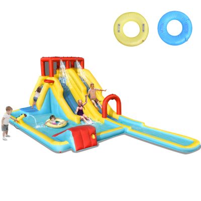 HONEY JOY Inflatable Water Slide, Double Slide Giant Water Park Bounce House w/Climbing, Splash Pool, Blow Up Water Slides Inflatables for Kids and Adults Outdoor Backyard(Without Blower)