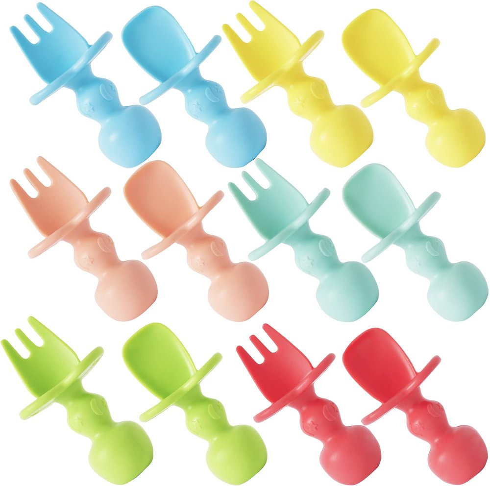 12 Pack Baby Utensils, Silicone Baby Spoons Self Feeding and Baby Forks, Toddler Utensils for Baby Led Weaning, Chewable Utensils First Stage