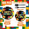 100 Pcs Building Block Party Supplies Building Block Party Plates Napkins Tableware Building Block Party Decoration Favor for Building Block Party Birthday Party (Building Block Party Style) view 3