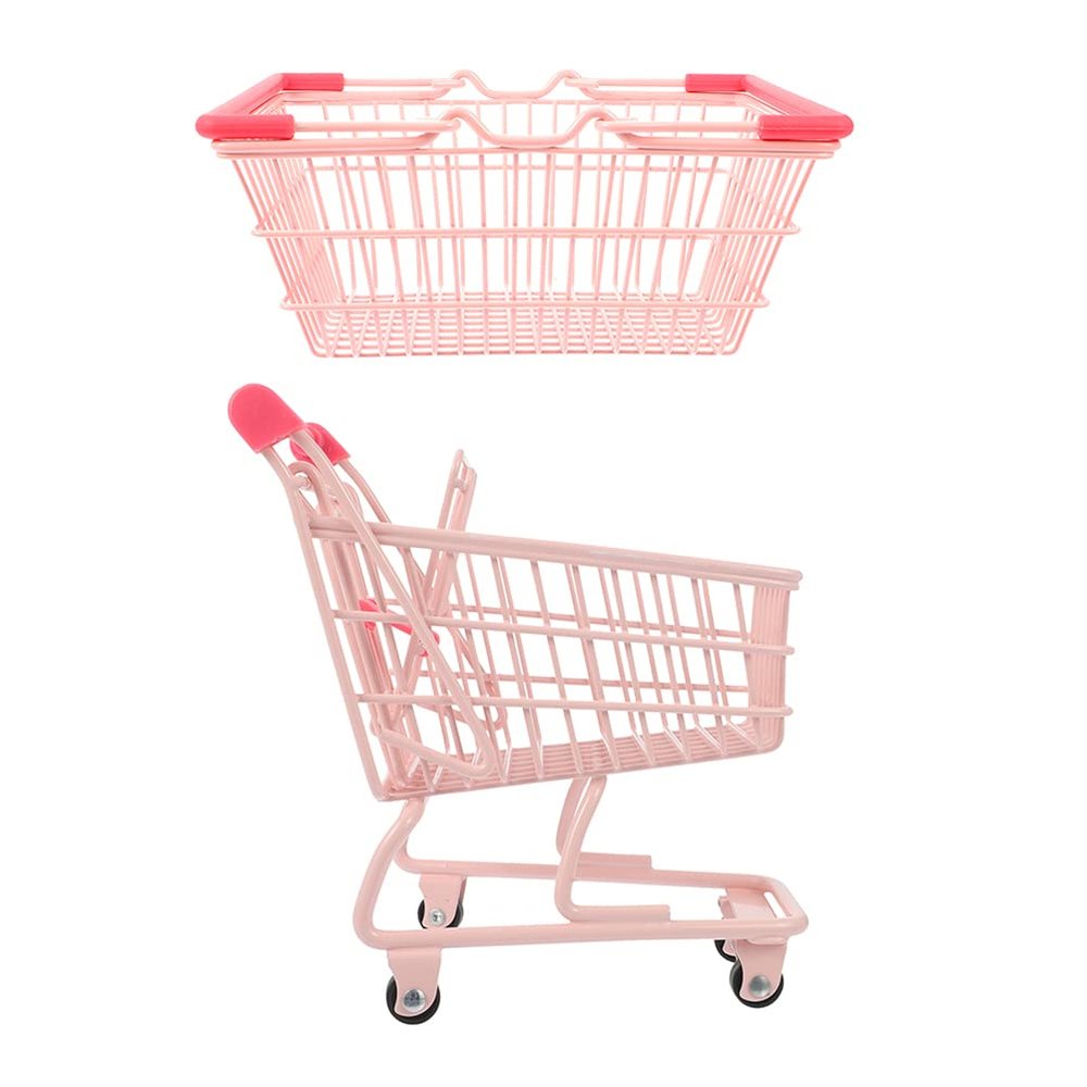LUOZZY Mini Dollhouse Shopping Cart & Basket for Kids Small Supermarket Handcart Grocery Basket Storage Toy Pretend Play Toy for Boys Girls Toddlers, Pink - 5.313.745.9inch/7.485.313.54inch