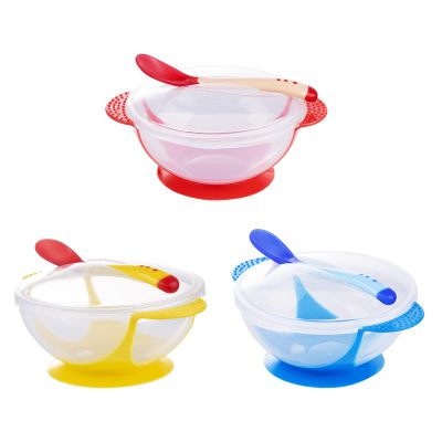 Berry President Baby Bowls with Suction Base, Spill-Proof Lid, Temperature-Sensing Spoon, Binaural Design Bowl for Babies Kids children Toddlers, First Stage Self Feeding (Pack of 3)
