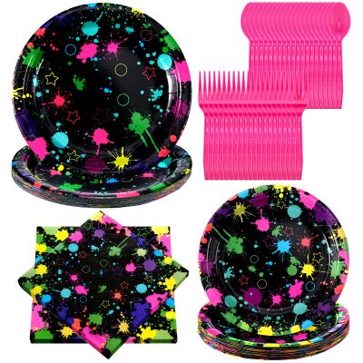 100 Pcs Neon Party Supplies, Serves 20 Guests, Neon Plates and Napkins Tableware Set Glow in The Dark Birthday Disposable Paper Dinnerware Graffiti Party Decoration for Birthday Baby Shower