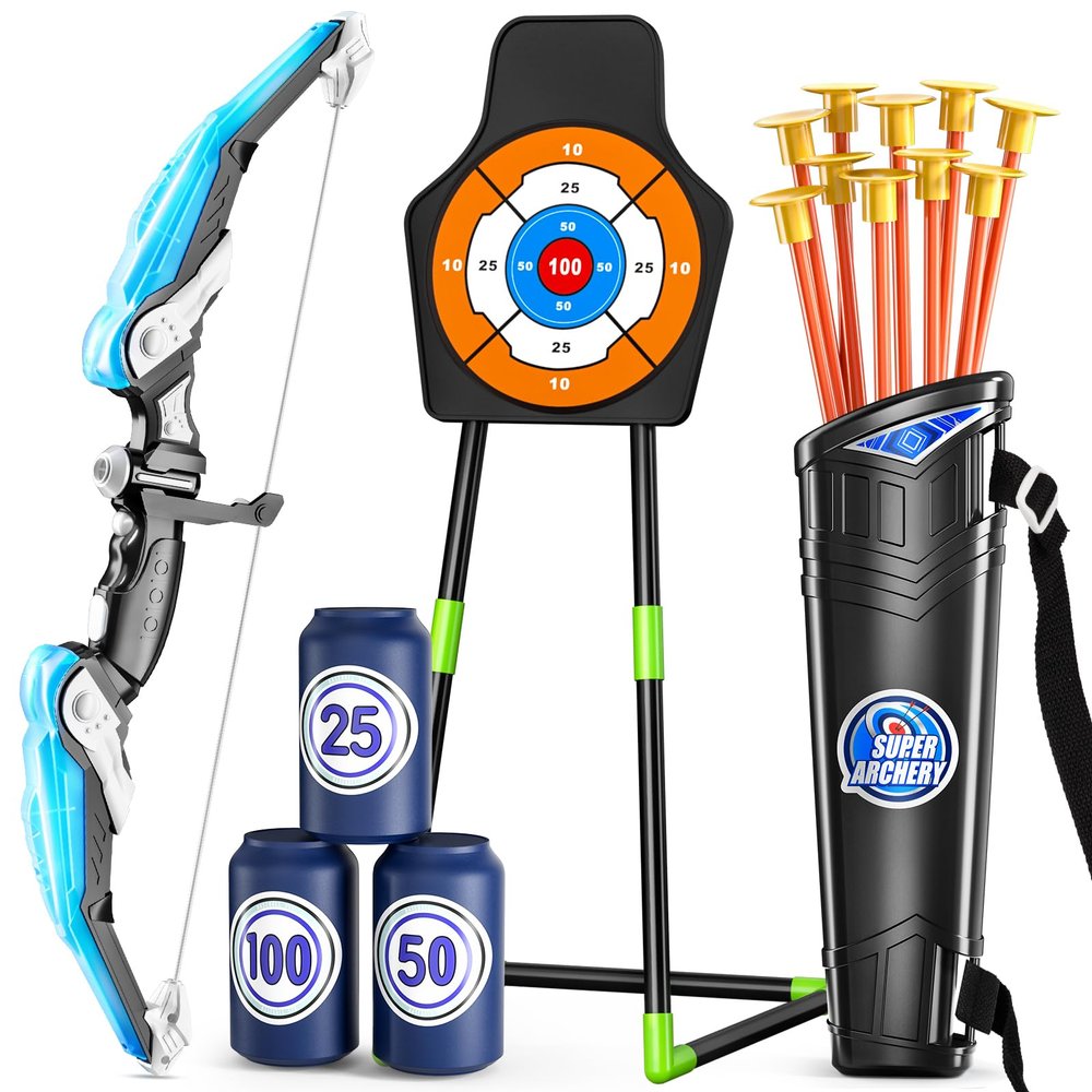 TEMI Bow and Arrow Set for Kids 4-8,Kids Archery Set with LED Lights Includes 10 Suction Cup Arrows, Quivers & Standing Target, Outdoor Toys for Boys & Girls Ages 3-12 Years Old