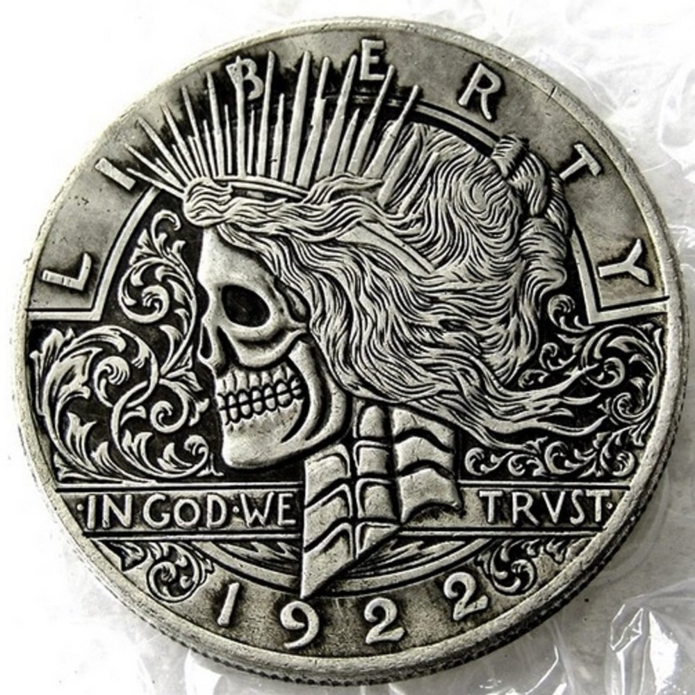Rare Antique USA United States 1922 Skull Zombie Liberty Silver Color One Dollar Restrike Coin. Discover Now!