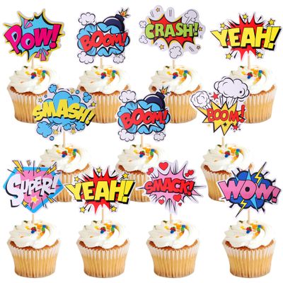 36 PCS Super Hero Boom Cupcake Toppers Smash Crash Pow Cupcake Picks for Celebrating Hero Theme Baby Shower Kids Birthday Party Cake Decorations Supplies