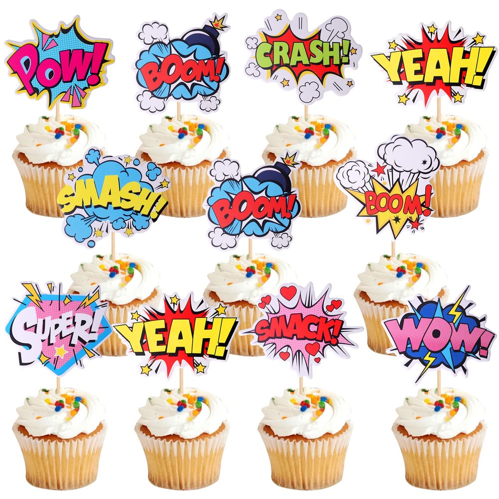 36 PCS Super Hero Boom Cupcake Toppers Smash Crash Pow Cupcake Picks for Celebrating Hero Theme Baby Shower Kids Birthday Party Cake Decorations Supplies