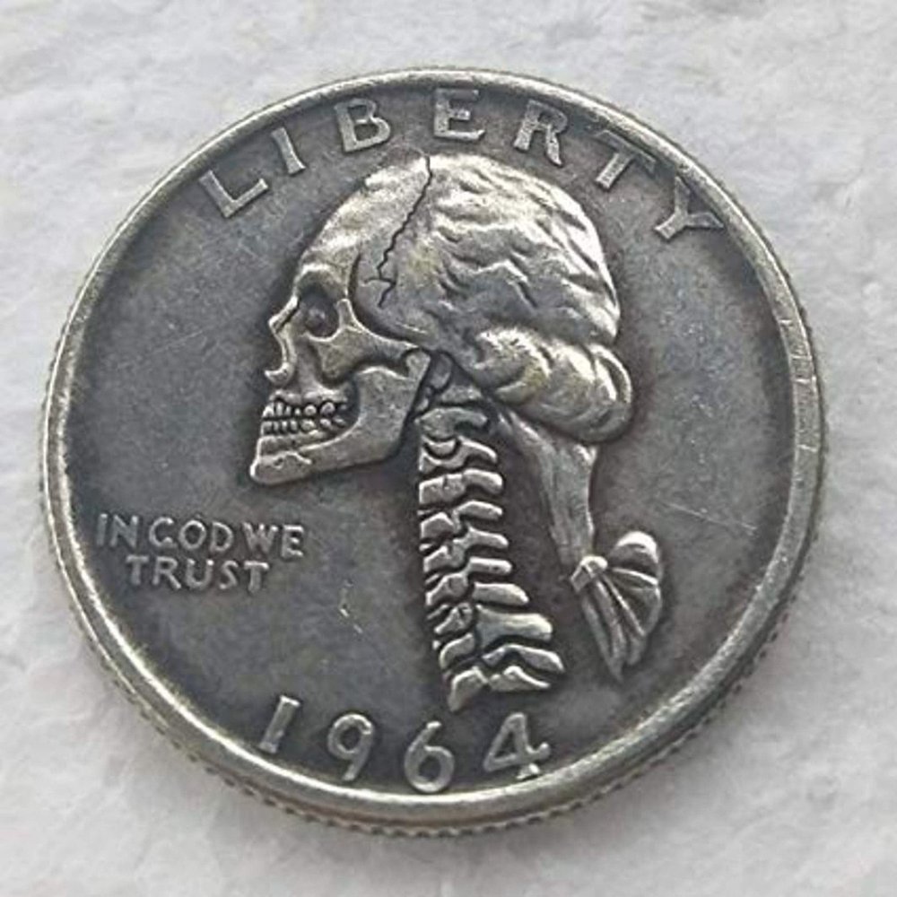 Rare USA United States 1964D Washington Quarter Dollar Skull Zombie Skeleton Silver Color Coin. Discover Now!