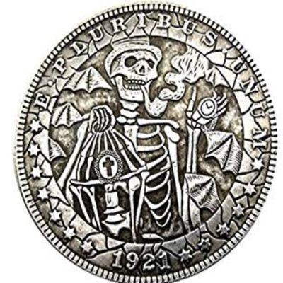 Rare USA United States 1921 Morgan Dollar Skull Zombie Skeleton Pirate Cool Restrike Silver Color Coin. Discover Now!
