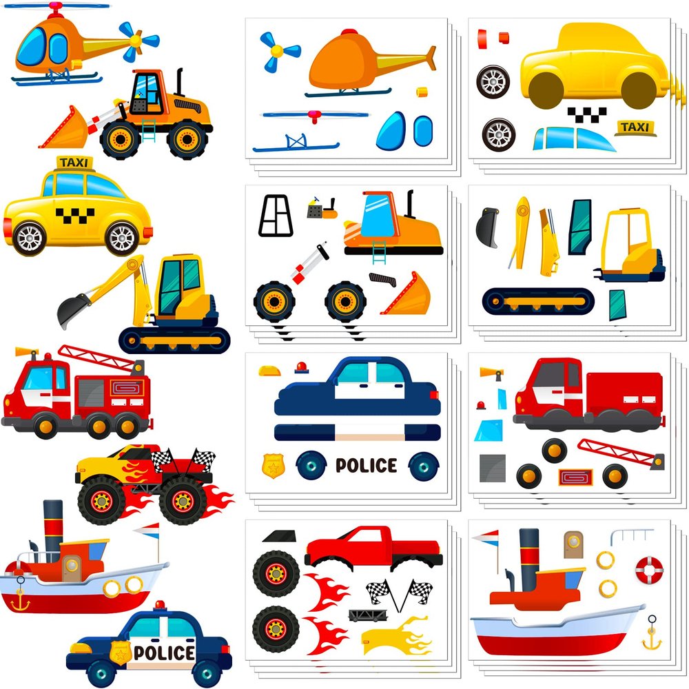 32 Sheets Make a Face Stickers Sheets Make Your Own Sticker Car Truck Airplane Sticker for Kids, 8 Designs DIY Transportation Stickers for Kindergarten Birthday Gift Classroom Nursery Party Favors