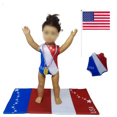 18 Inch Doll Clothes and Accessories,18 inch Dolls Gymnastics Leotard,Matching Doll 4th July Patriotic Clothes USA Flag,Mat and Olympic Gold Medal Fits Most 18" Dolls