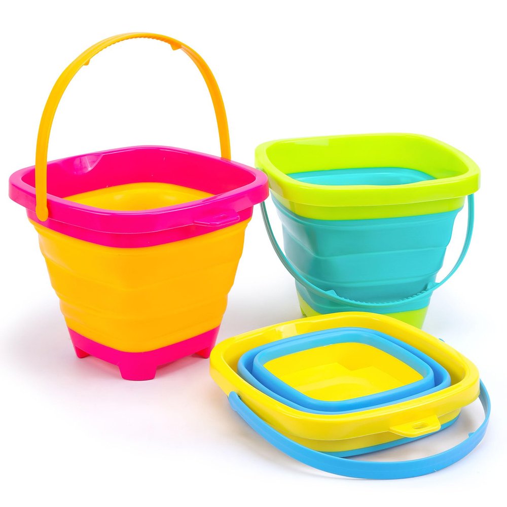 Shindel 3Packs Foldable Pail Bucket, 2L Silicone Collapsible Beach Toys Bucket for Kids, Multi Purpose for Fun Summer Activities, Camping Gear, Beach Essentials