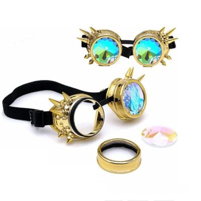 RuiJinGen Kaleidoscope Steampunk Goggles Rave Glasses Rainbow Prism Diffraction EDM Psychedelic Lenses (A14 Gold)